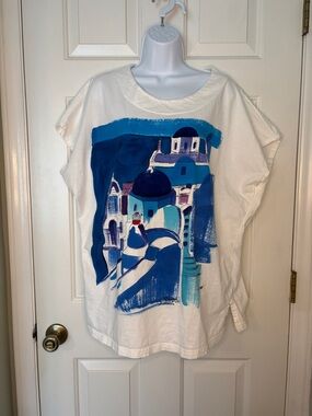 White Short Sleeve Tee with Blue Mediterranean Scene